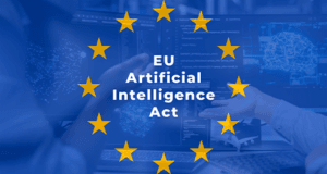 Drapeau européen dominant avec des personnes travaillant sur des ordinateurs en arrière-plan et le texte « EU Artificial Intelligence Act ».